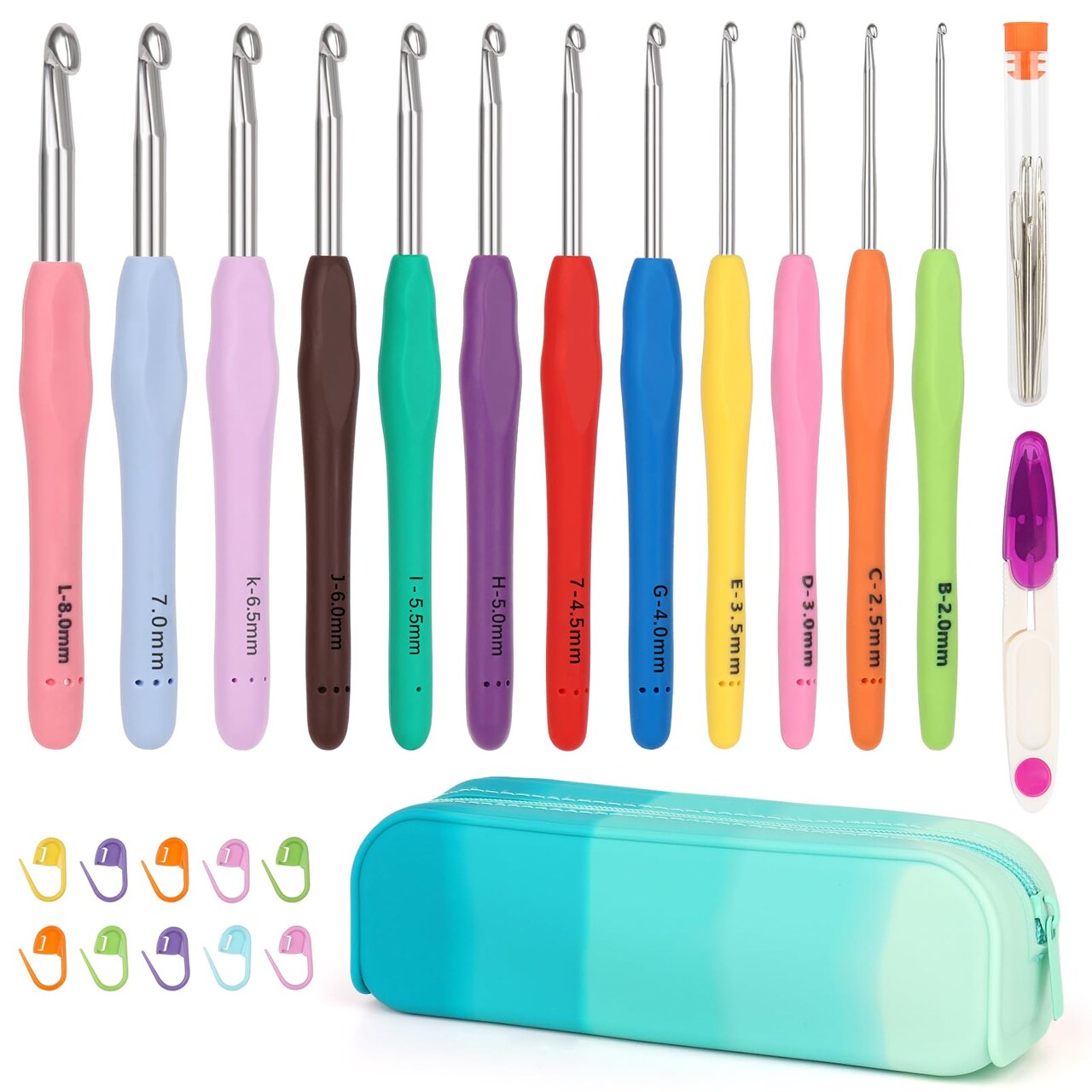 Crochet Hooks Set with Case, 12 Size Ergonomic Crochet Needles for Beginner Adult Arthritic Hands, 2mm(B)-8mm(L) Extra Long Knitting Hook for Crocheting Yarn- Great DIY Craft Christmas Gift